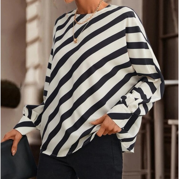 Classic Elegant Striped Print Batwing Sleeve Blouse Top Shirt - Picture 6 of 9